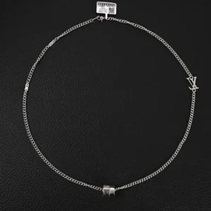 Louis Vuitton Damier Rings necklace featuring lustrous brass, engraved LV letters, and Damier patterns on a silver chain, showcasing luxury design and modern craftsmanship.