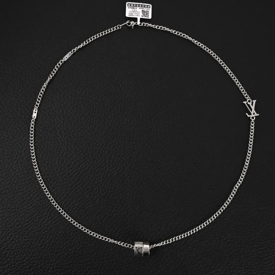 Louis Vuitton necklace silver chain metal pendant with LV logo charm accessory