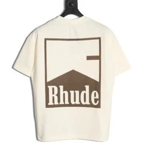 RHUDE 25ss retro logo print T-shirt in cream color with large brown logo design on back, displayed on a hanger.