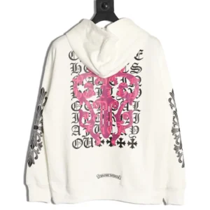Chrome Hearts hoodie featuring a large pink sword graphic and intricate black Sanskrit lettering on a white background, showcasing unique branding and design elements.