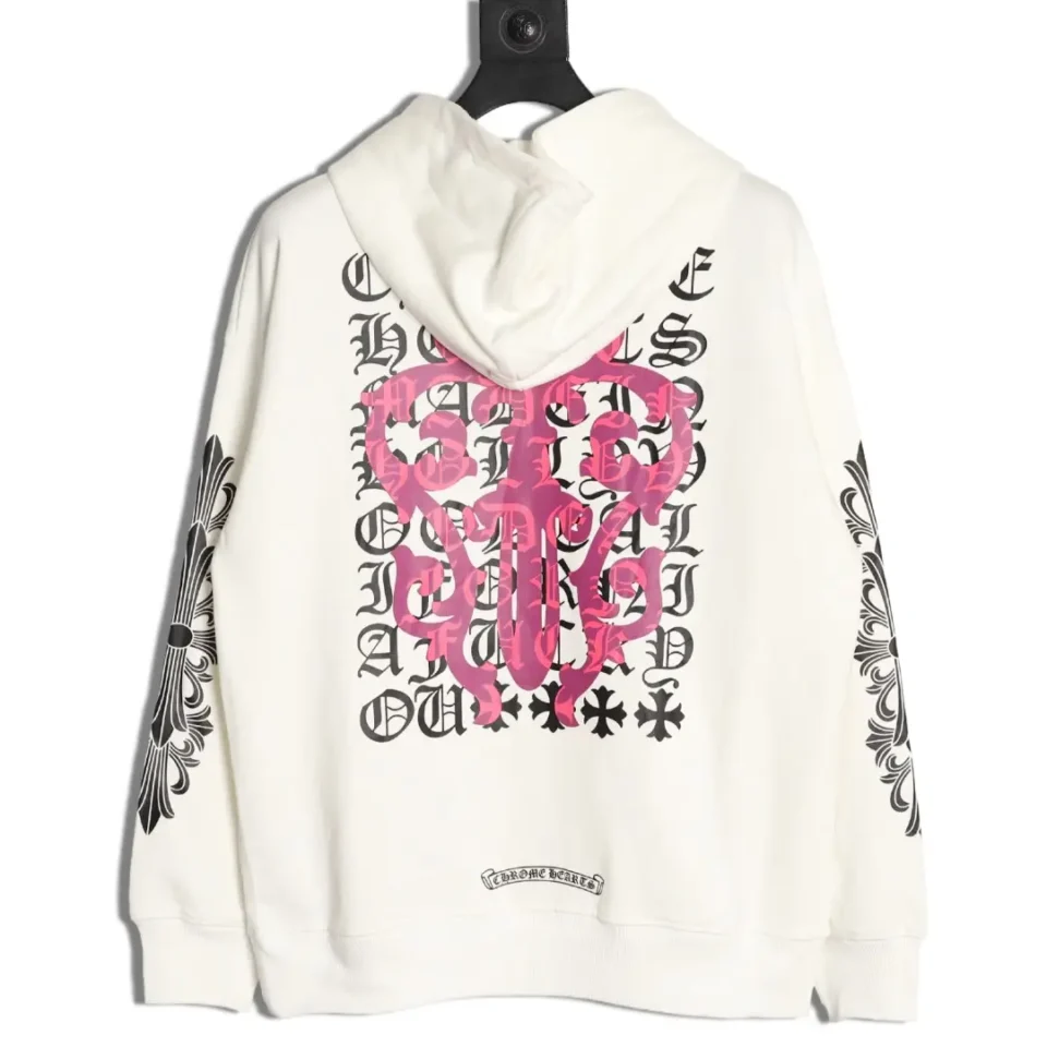 Chrome Hearts hoodie white cotton with black gothic text and pink ornate cross back design