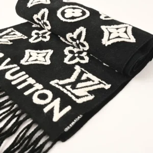 Louis Vuitton scarf black wool white monogram pattern fringed edges accessory