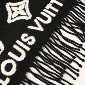 Louis Vuitton scarf black wool jacquard knit with fringe detailing and logo pattern