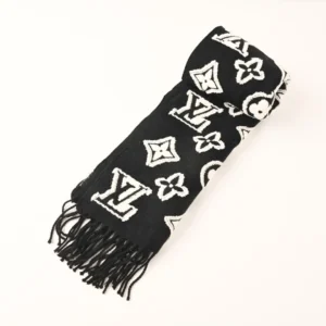 Louis Vuitton scarf black white wool fringe monogram pattern accessory