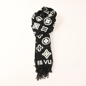 Louis Vuitton scarf black white wool with monogram pattern and fringed ends accessory