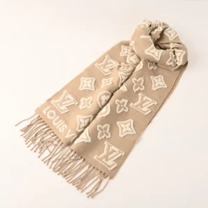 Louis Vuitton 3D Embossed Logo Wool Tassel Long Scarf in beige with logo pattern and fringed edges, showcasing luxury accessory design.