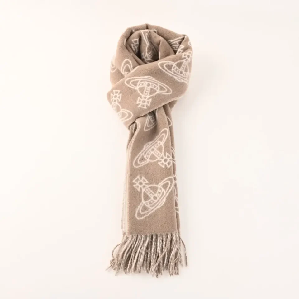 Vivienne Westwood scarf beige wool blend with white orb logo pattern and fringed edges accessory