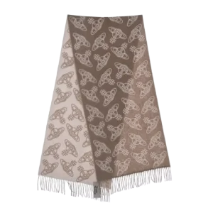 Vivienne Westwood scarf beige brown wool blend with orb pattern and fringe edges accessory