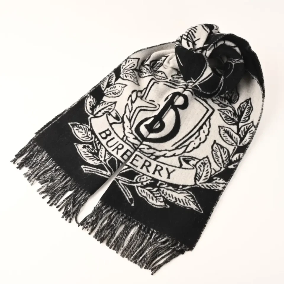 Burberry scarf black white wool with crest logo and fringed edges accessory