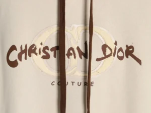 Christian Dior Hoodie beige cotton with brown drawstrings and embroidered logo detailing