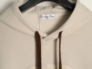 Christian Dior hoodie beige cotton with brown drawstring and embroidered logo detail