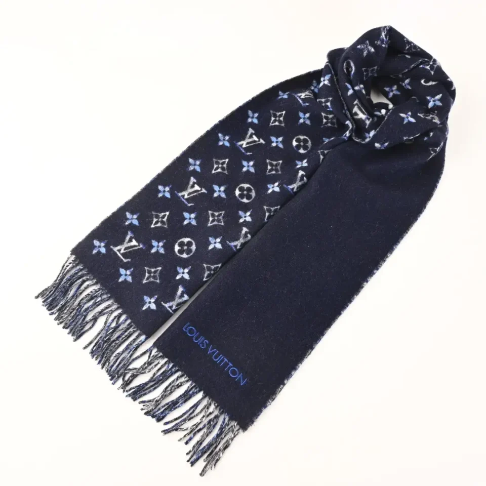 Louis Vuitton scarf navy blue wool monogram pattern with fringed edges and logo embroidery
