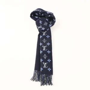Louis Vuitton scarf navy blue wool with monogram pattern and fringed ends accessory