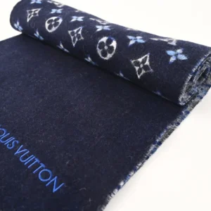 Louis Vuitton scarf blue wool blend monogram pattern with embroidered logo accessory