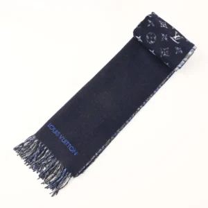 Louis Vuitton scarf navy blue wool with monogram pattern and fringed edges accessory
