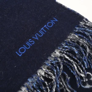 Louis Vuitton scarf navy blue wool with fringed edges and embroidered logo accessory