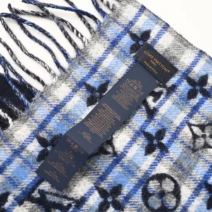 Louis Vuitton wool scarf blue gray black plaid pattern fringe accessory made in Italy