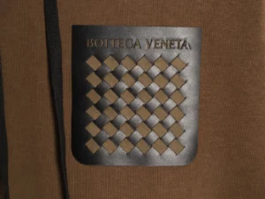 Bottega Veneta sweatshirt brown cotton fabric black leather woven logo patch accessory