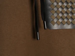 Bottega Veneta hoodie brown cotton fabric with black leather woven detail and black drawstrings accessory