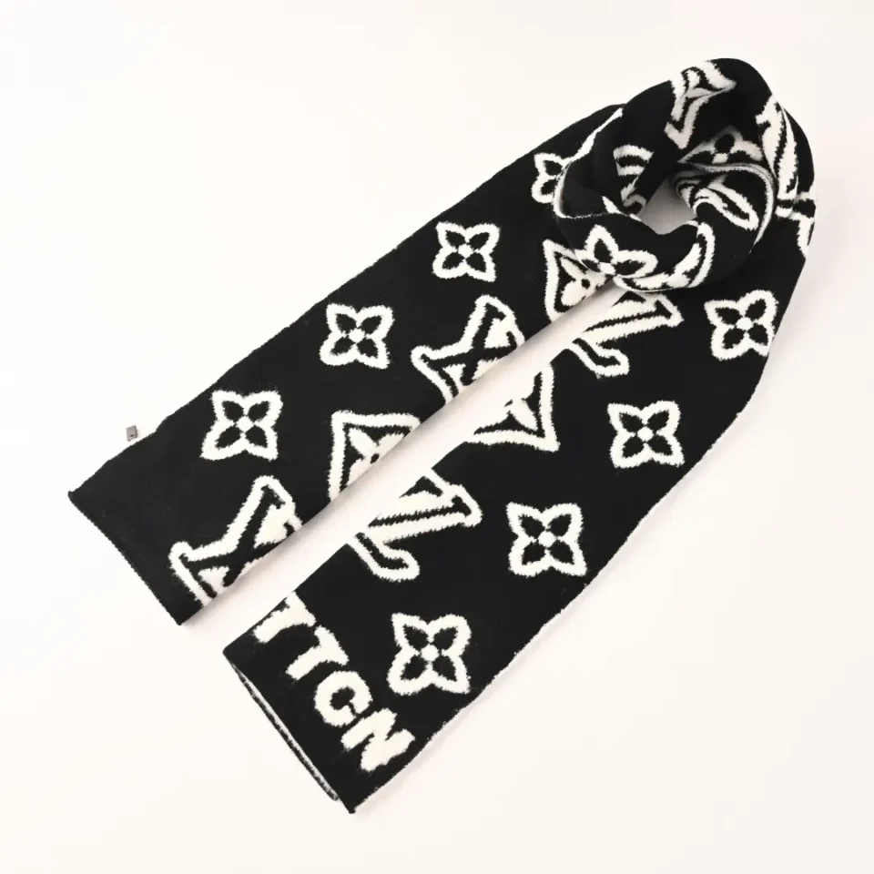 Louis Vuitton scarf black wool white monogram pattern luxury winter accessory