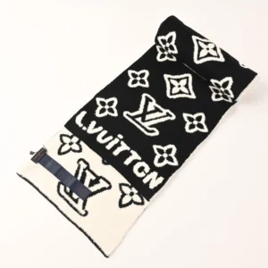 Louis Vuitton scarf black white wool with monogram floral pattern and logo embroidery