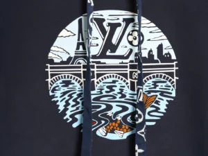 Louis Vuitton graphic hoodie navy blue cotton with Paris skyline and koi fish print