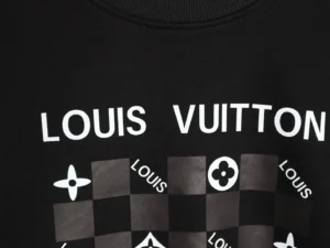 Louis Vuitton checkered printed hoodie featuring prominent logo and black fabric design.