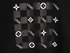 Checkered pattern featuring Louis Vuitton logos in white on a black background, showcasing the brand's signature style for the Louis Vuitton hoodie.