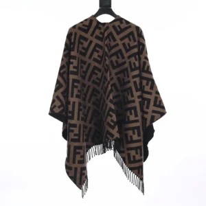 Fendi cape brown black wool fringed hem reversible pattern accessory