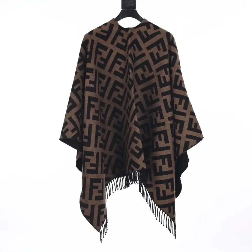 Fendi cape brown black wool fringed hem reversible pattern accessory