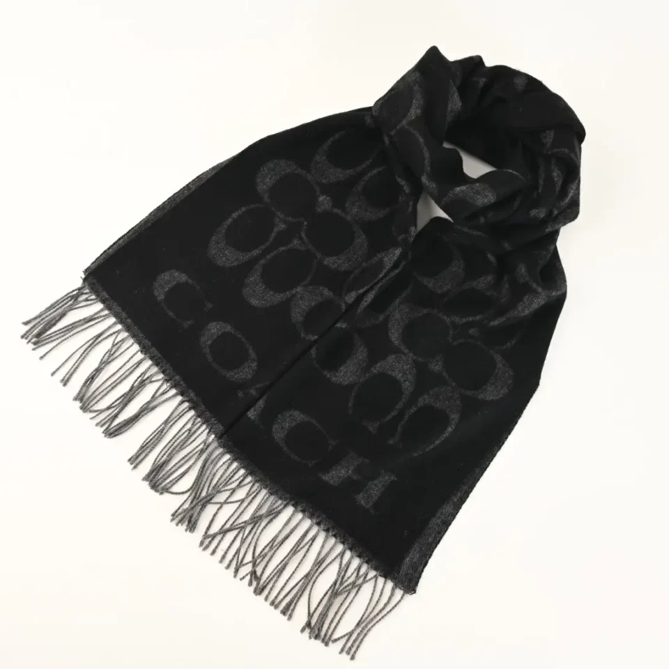 Coach scarf black gray wool blend fabric with signature "C" pattern and fringed edges accessory