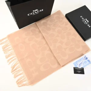 Coach scarf beige jacquard wool blend with fringed edges and signature logo pattern