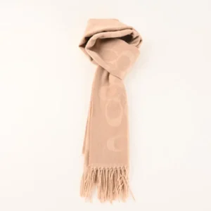 Coach scarf tan wool with subtle signature pattern and fringed edges accessory