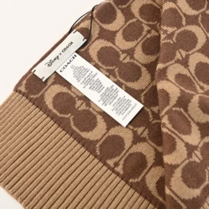 Coach Disney Double-Sided Logo Wool Scarf featuring a brown patterned design, fabric tag displaying care instructions, and ribbed edges.
