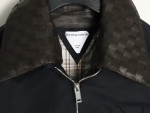 Bottega Veneta jacket black woven leather collar zip closure wool blend material
