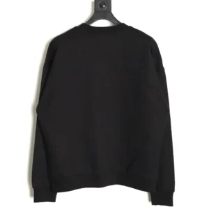 Black round neck sweatshirt displayed on a hanger, showcasing the back view, part of the DIOR letter embroidered clothing collection, emphasizing fabric quality and stylish design.