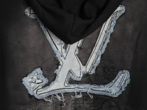 Louis Vuitton hoodie black cotton with frayed denim LV logo patch and embroidered floral details