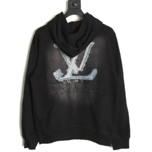 Louis Vuitton hoodie black cotton with distressed logo patch and faded effect on back
