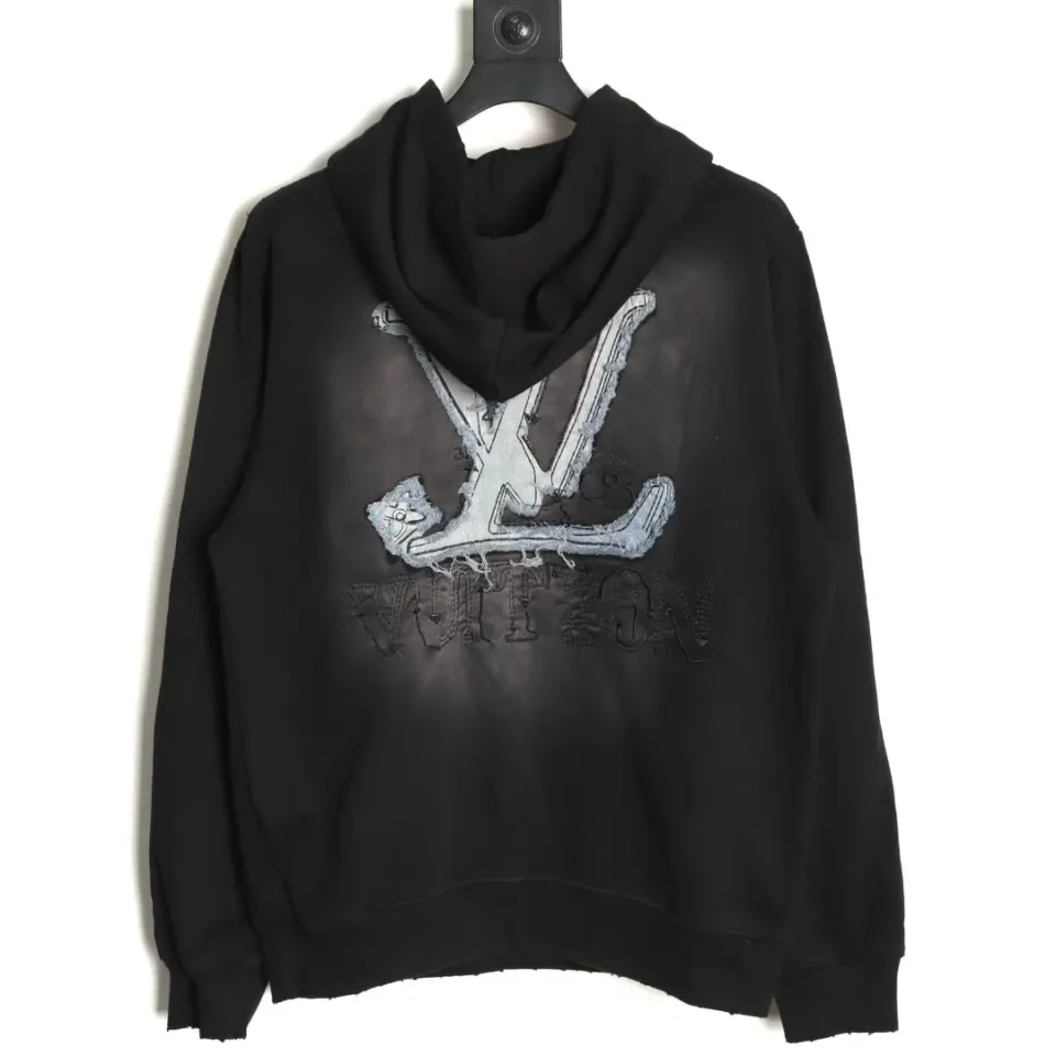 Louis Vuitton hoodie black cotton with distressed logo patch and faded effect on back
