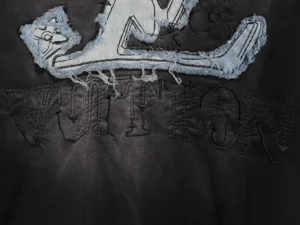 Vlone Logo black cotton t-shirt with distressed light blue denim applique detail