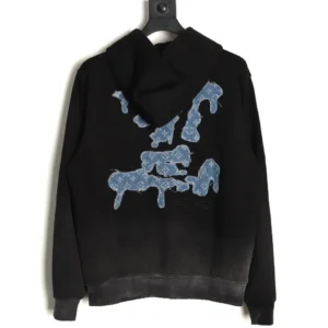 Louis Vuitton hoodie black cotton with distressed blue denim monogram LV patch on back