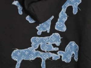 Louis Vuitton hoodie black cotton with blue denim monogram patchwork detailing