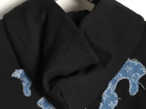 Louis Vuitton oversized black t-shirt with blue denim monogram LV patch cotton material