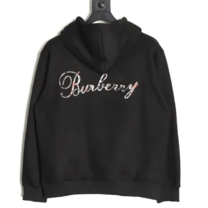 Burberry hoodie black cotton with Burberry script logo in classic check pattern embroidery on back