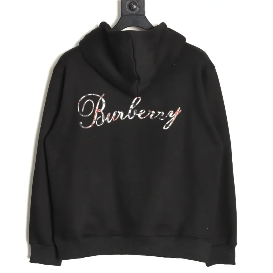 Burberry hoodie black cotton with Burberry script logo in classic check pattern embroidery on back