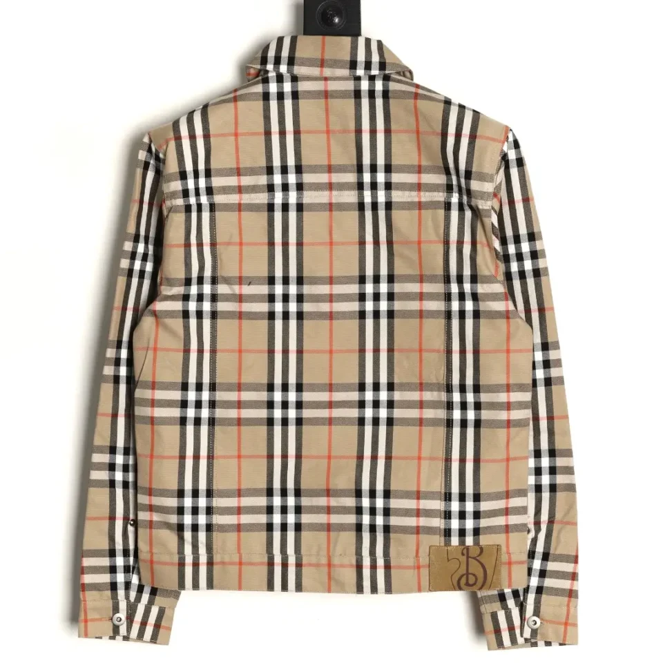 Burberry checked jacket beige black red cotton blend outerwear with logo patch detail