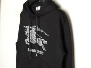 Burberry Sketch War Horse hoodie in black featuring a white graphic design of a horse and logo, showcasing premium fabric and oversized fit.