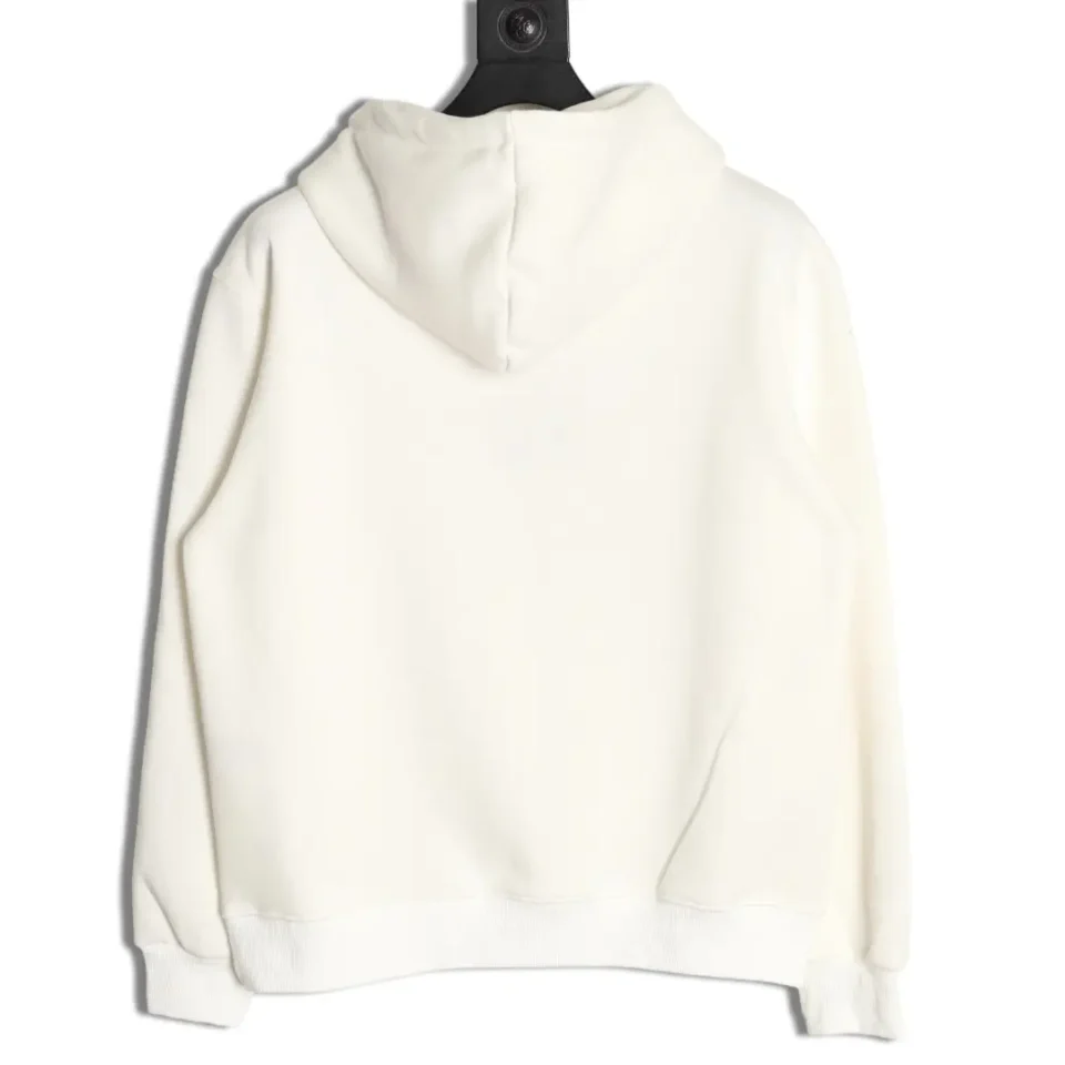 No brand or model visible; image shows plain white hooded sweatshirt made of cotton fabric from the back.