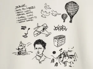 Hot air balloon and whimsical illustrations on a Louis Vuitton hoodie, featuring a to-do list, sketches of birds, a vintage airplane, a ship, and a portrait, emphasizing the unique design elements of the replica hoodie.