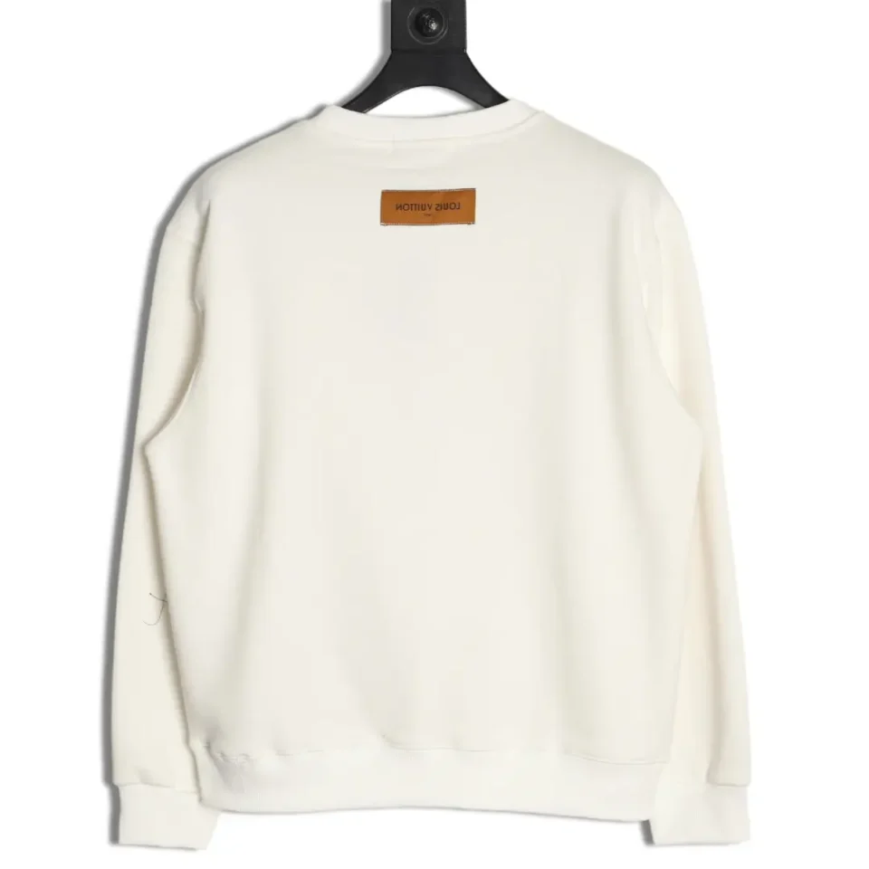 Louis Vuitton sweatshirt white cotton with brown leather logo patch on back neckline